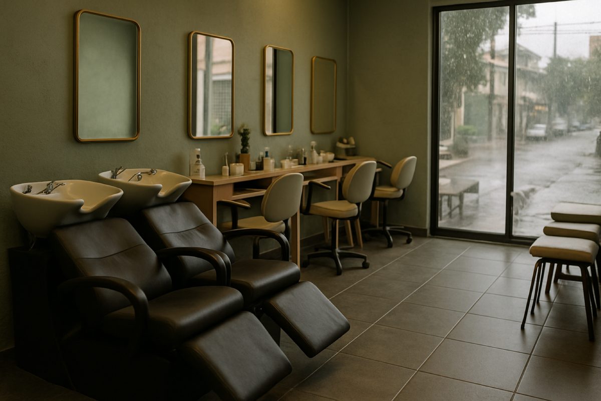 Sala de espera de salão de unhas com clientes aguardando atendimento