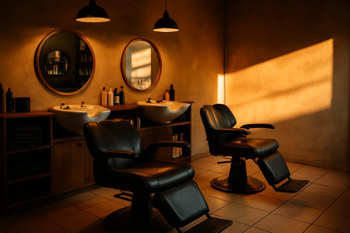 Uma barbearia movimentada com barbeiros atendendo clientes durante o horário de pico.