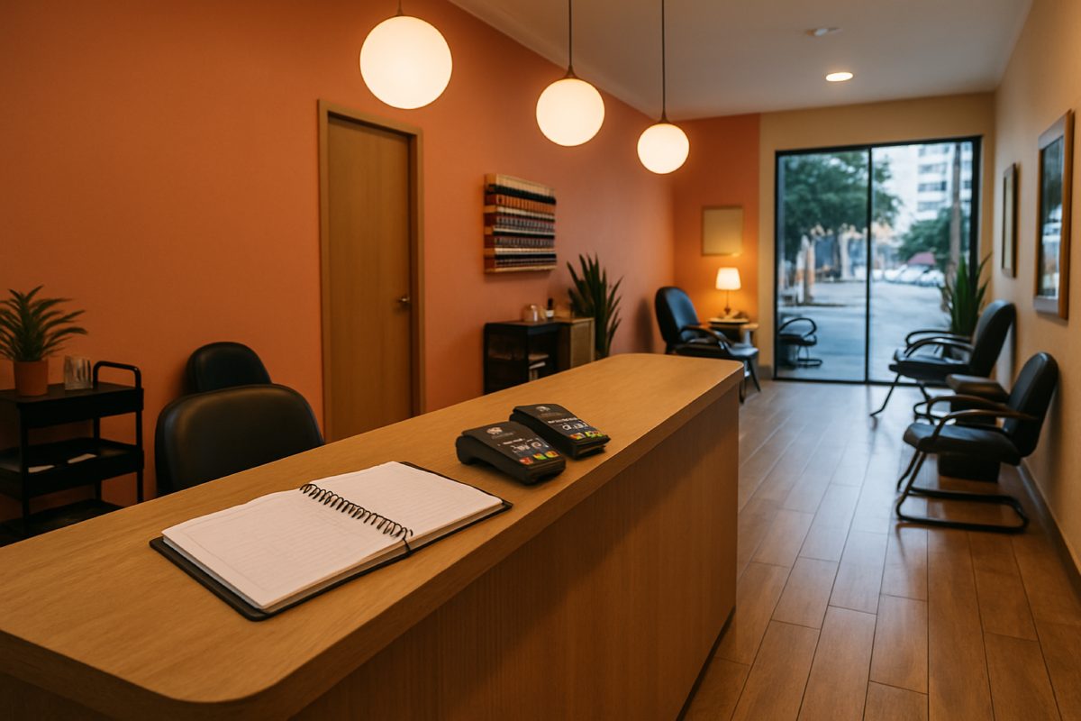 Cliente satisfeita recebendo manicure com atendimento personalizado em salão.