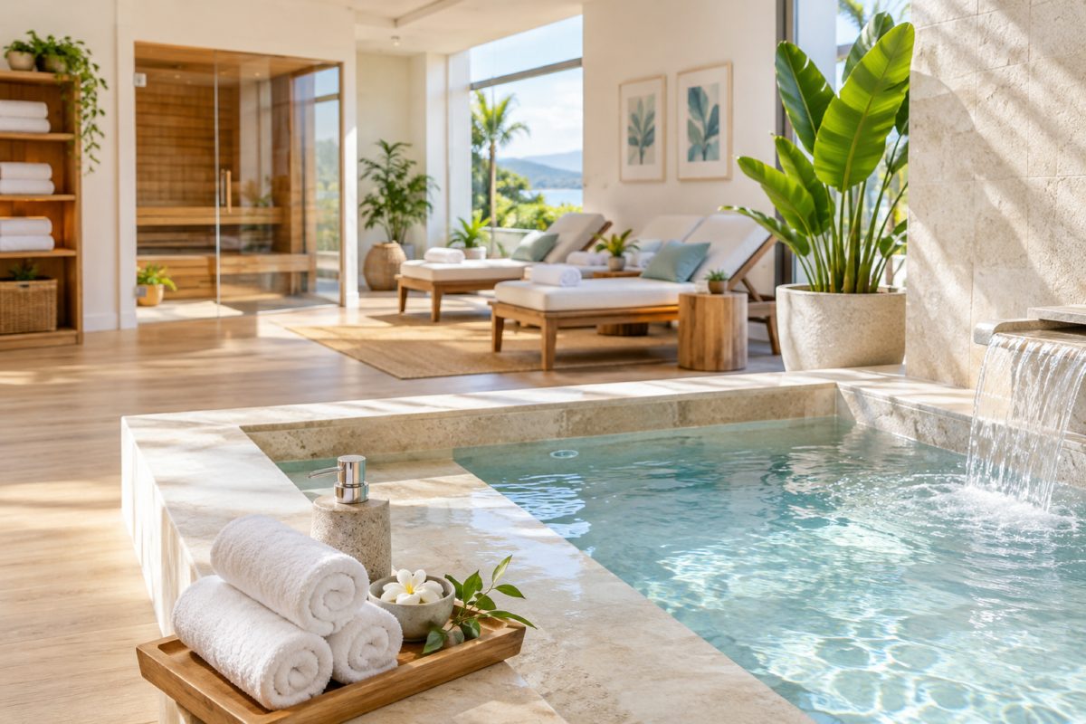 Sala de spa com ambiente relaxante e cliente recebendo massagem