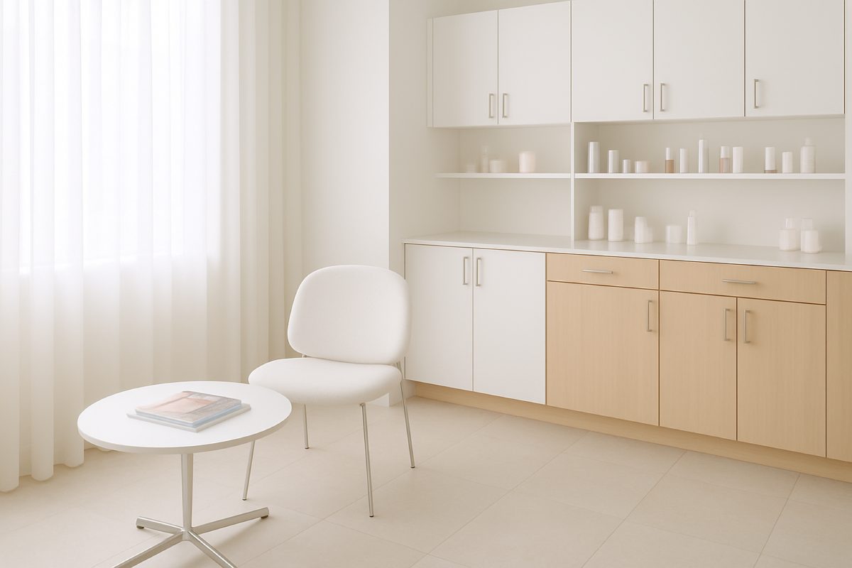 Uma profissional aplicando extensão de cílios em uma cliente em uma clínica de estética