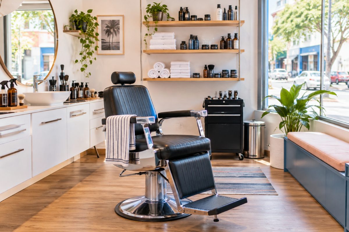 Três barbeiros atendendo clientes em uma barbearia organizada